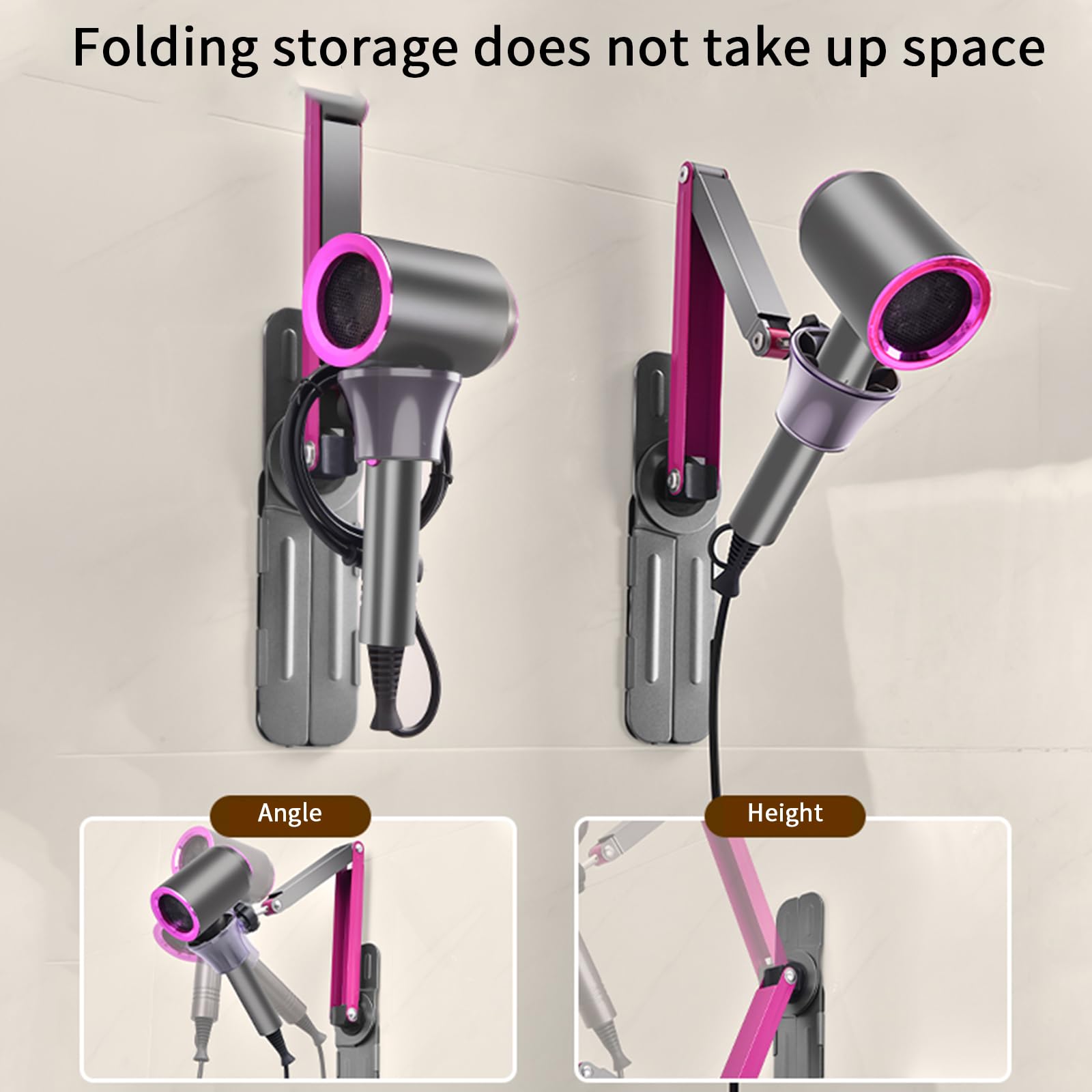 Blissfuhue Adjustable blow dryer holder wall mounted storage，Hands-Free bathroom blow dryer holder，height angle，metal material Compatible with 90% hair dryer hanger, suitable for countertop use