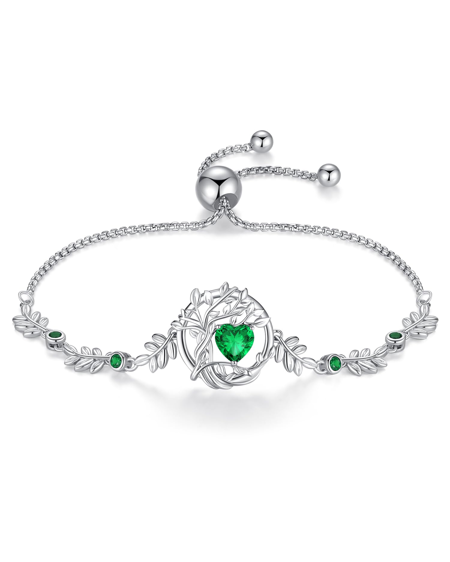 FANCIME Tree of life Birthstone Bracelet for Women Sterling Silver Tree Jewelry Emerald Charm Bracelet May Birthday Green Gemstone Anniversary Christmas Gifts for Girlfriend Wife Mom Her