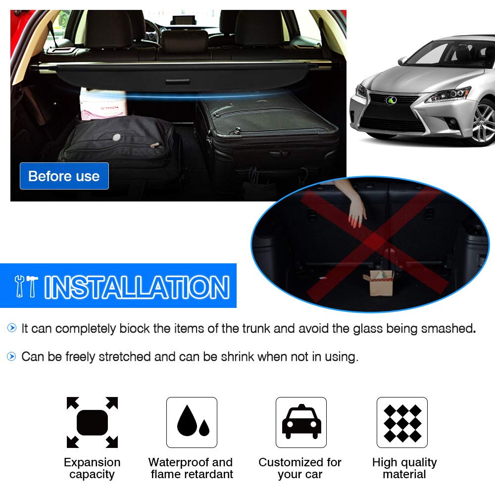 Powerty Cargo Cover for 2011-2016 2017 Lexus CT200h Accessories Trunk Cover Retractable Trunk Shielding Shade Cargo Luggage Cover Black