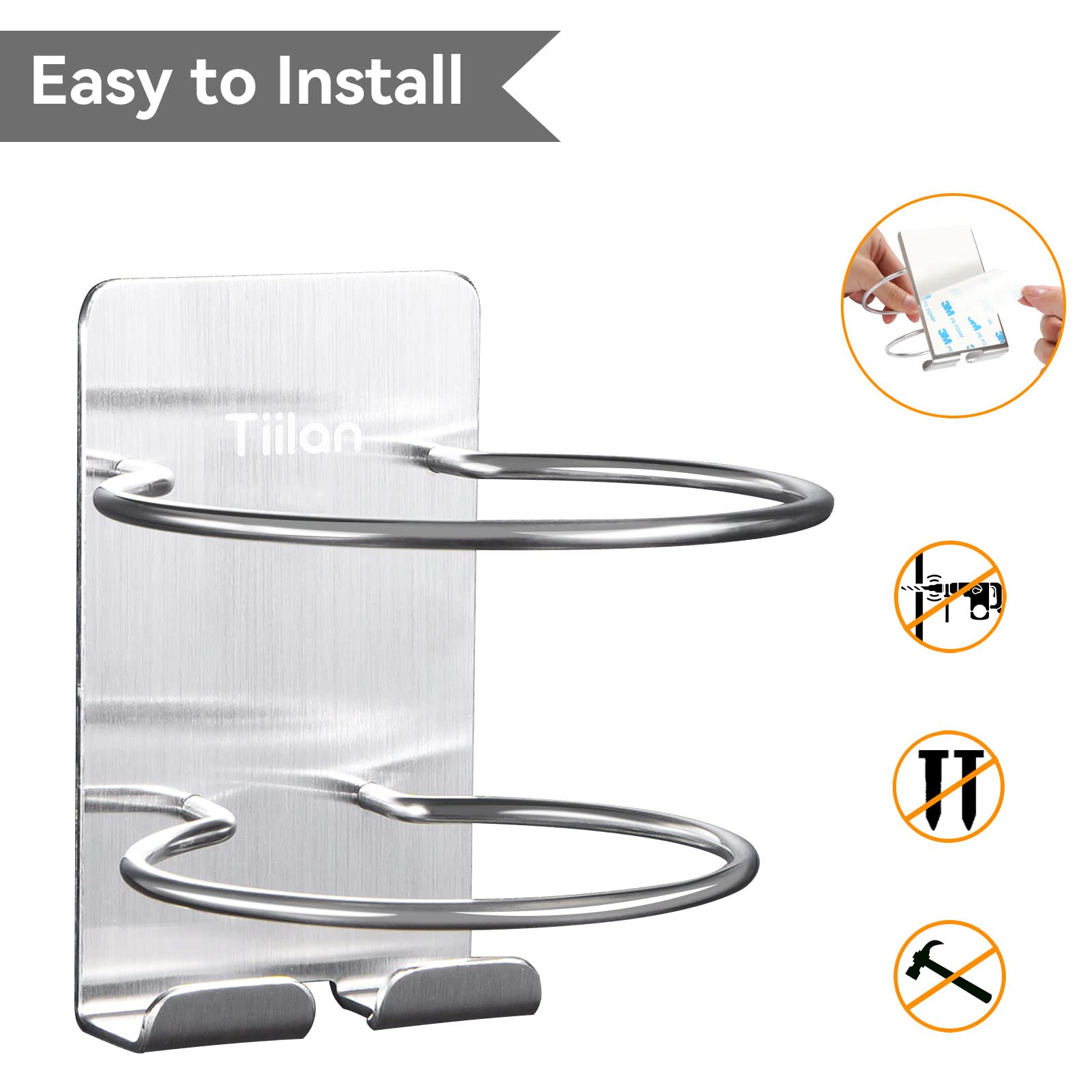 Tiilan Hair Dryer Holder Wall Mount, Blow Dryer Holder Self Adhesive, SUS 304 Stainless Steel, Bathroom Hair Tool Organizer Rack, Silver