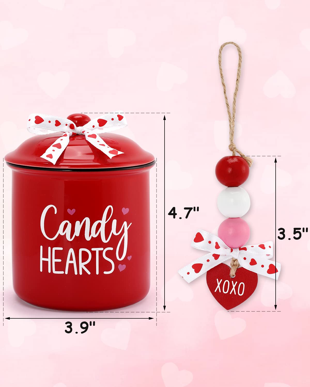 Candy Hearts Tiered Tray Decor Mini Ceramic Canister Valentine's Day Red Decorative Jar Xoxo Slice February 14th Love Candy Holder with Bowknot Home Kitchen Accessory Table Centerpiece Gift Set of 1