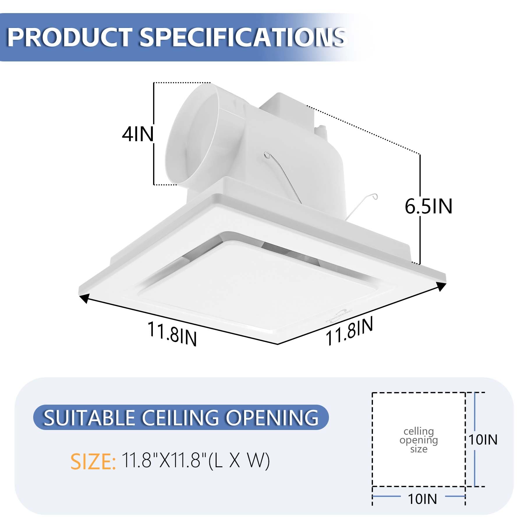 POWERENG Bathroom Fan Ceiling Mount Exhaust Ventilation,141 CFM 0.7 Sones,4 Inches Duct,White,Very Quiet Ventilation and Exhaust Fan