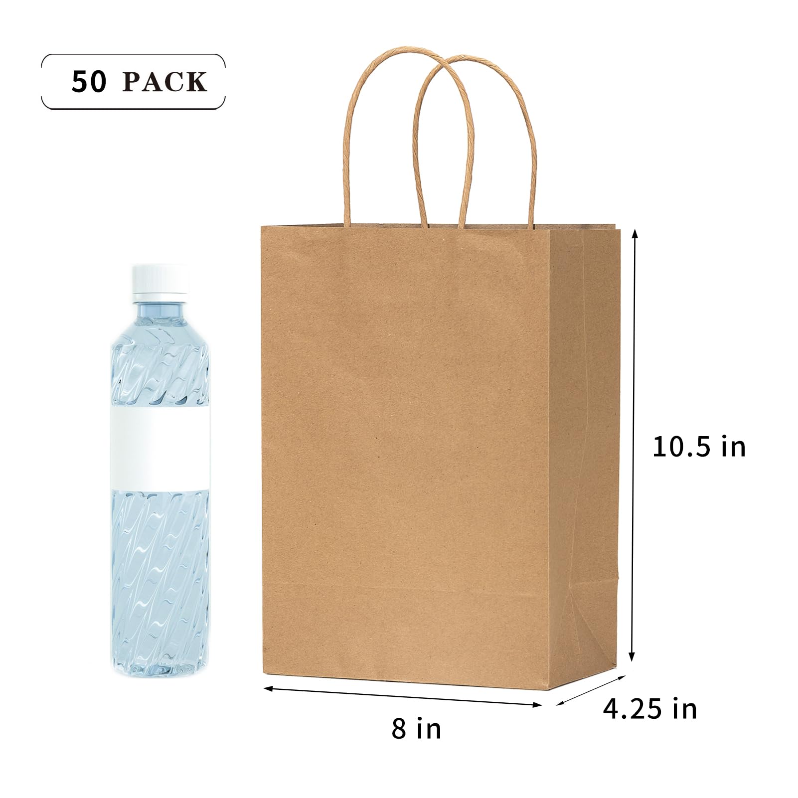 vanhel 50 PCS Gift Bags with Handles,8 x 4.25 x 10.5 Inches,Brown Paper Bags with Handles bulk, Shopping Bags, Party Bags, Retail Bags, Merchandise Bags, Favor Bags