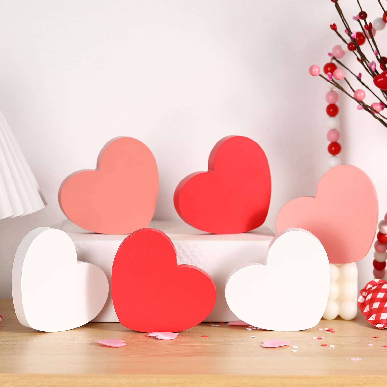 FestalMart Valentines Day Decorations -6pcs Wooden Heart Decorations Sign - Classic White Pink Red Valentines Decorations for Home Shelf Mantel Fireplace Table Windowsill Party Decor