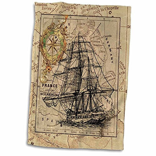 3D Rose Image of Black Ghost Ship On Vintage European Map Hand Towel, 15" x 22"