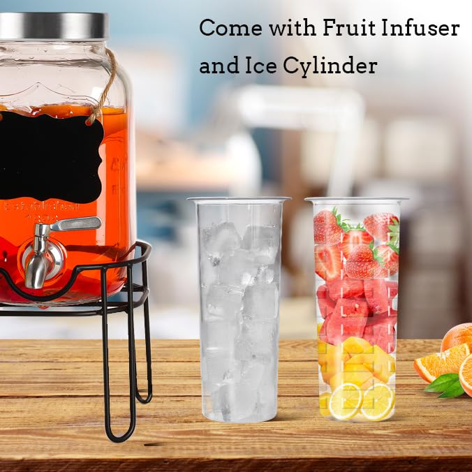 Drink Dispenser,2PACK Glass Drink Dispensers for Parties,1 Gallon Beverage Dispenser with Stand, Stainless Steel Spigot 100% Leak proof,Come with Ice Cylinder,Fruit Tube and 2 Rubber Mats