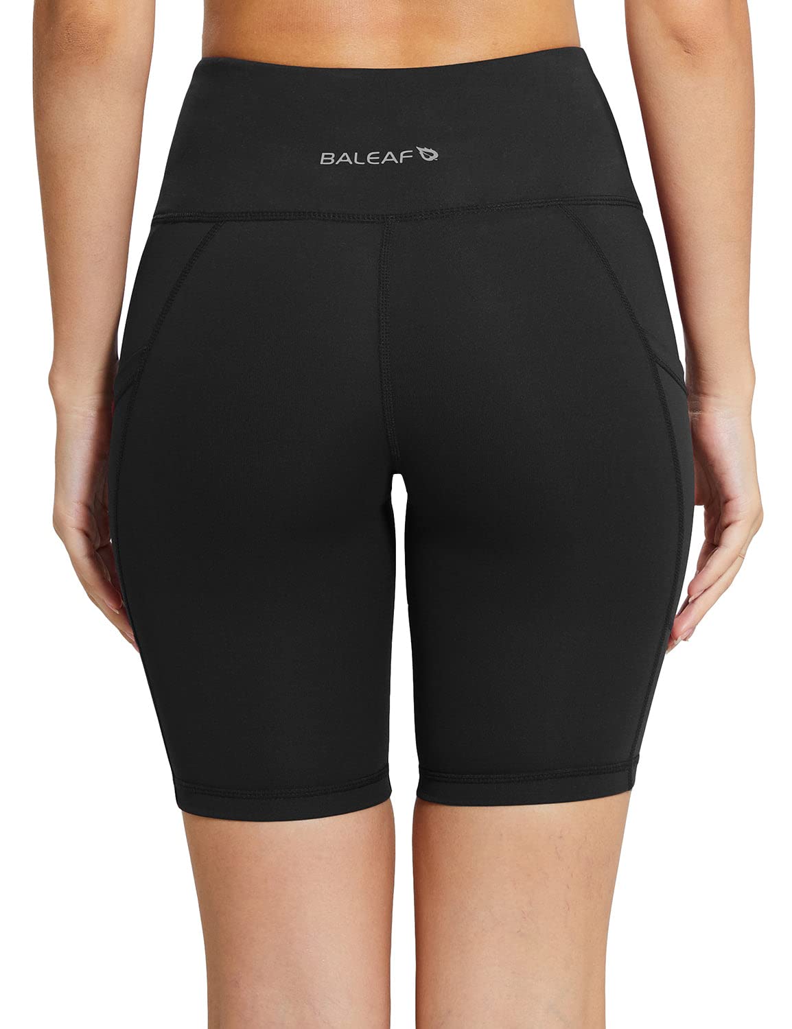 BALEAF Biker Shorts Women Yoga Gym Workout Spandex Running Volleyball Tummy Control Compression Shorts with Pockets 8" Black L