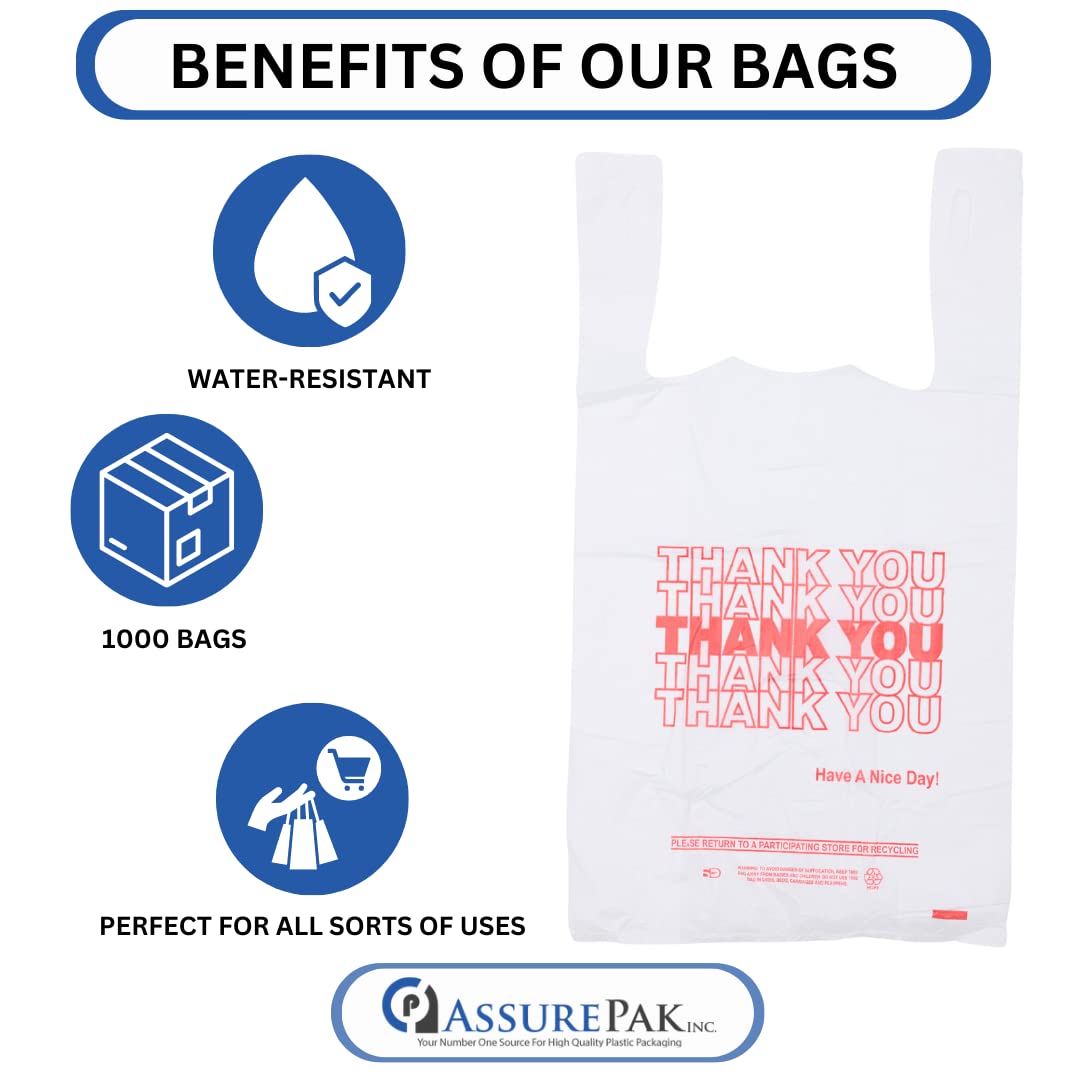 Small Economy "Thank You" T-Shirt Bags - 1/12 BBL - 7"X3.5"X13" - 1000 Bags Bulk - 13 Mic - White - For Retail, Groceries, Merchandise, Convenience Store, Supermarket, Restaurant