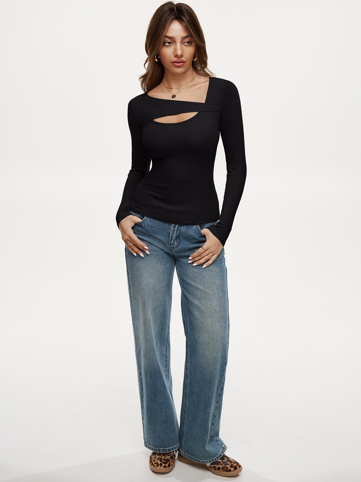 REORIA Women's Sexy Ribbed Long Sleeve Cutout Tops Fall Winter 2025 Trendy Fashion Slim Fit Y2K Going Out Tee Black X-Large