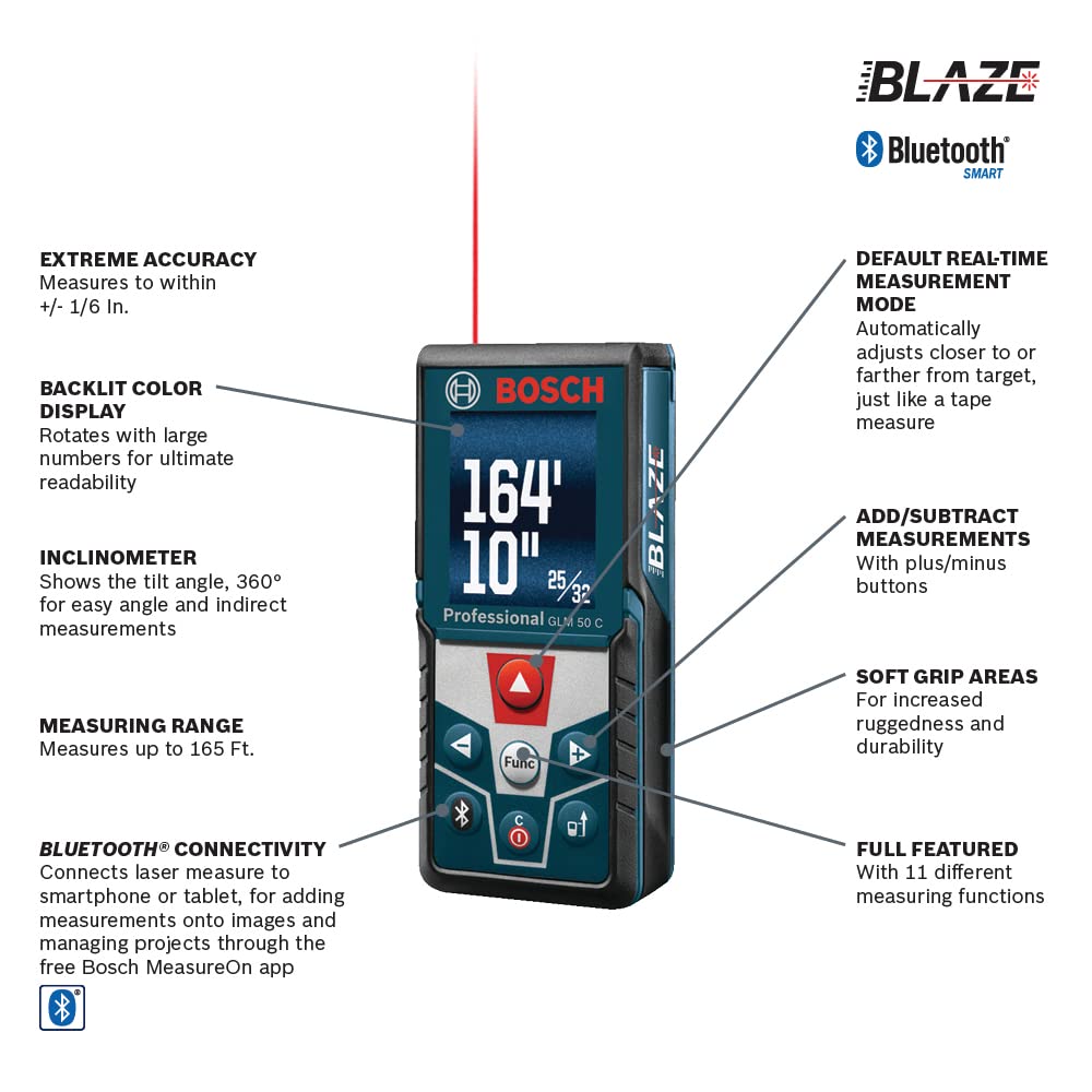 BOSCH GLM 50 C 165 Ft Laser Distance Measure, Includes 2 AAA Batteries, Hand Strap, Target Cards, & Pouch
