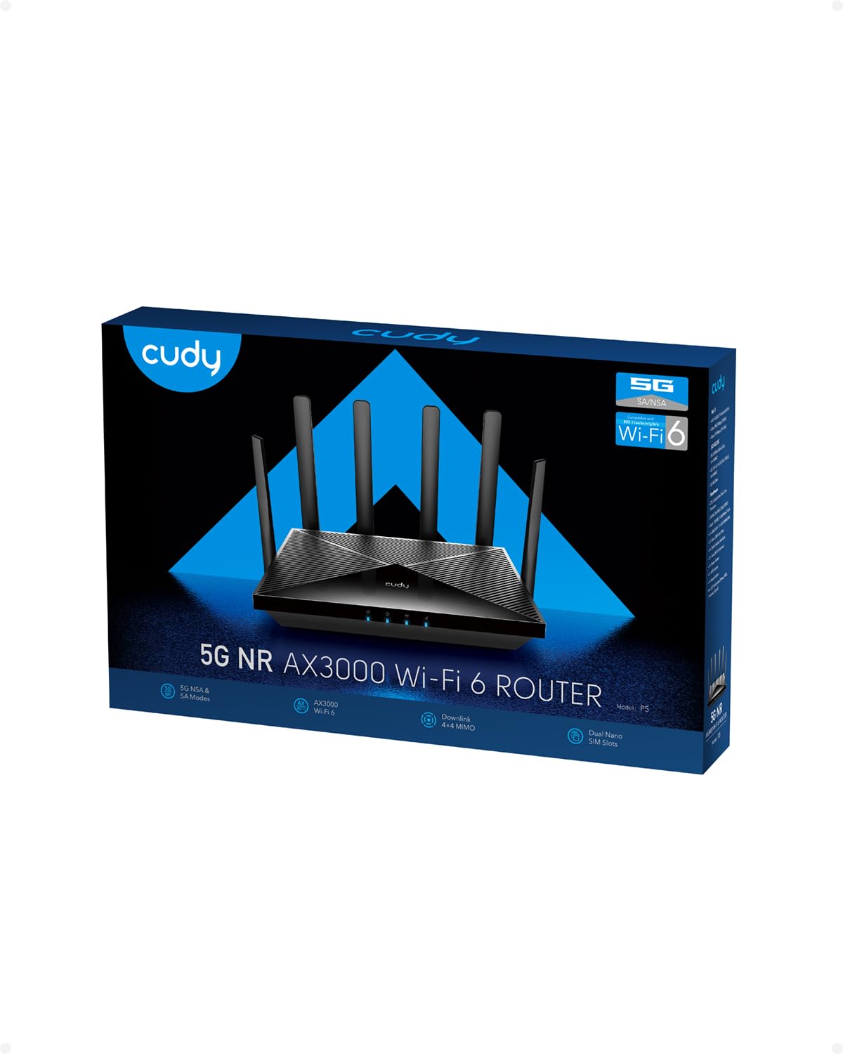 Cudy New 5G NR SA NSA AX3000 WiFi 6 CPE Router, AX3000 Dual SIM 5G Cellular Router, Qualcomm IPQ5018, SDX62, 4 x 4 MIMO, Detachable Antennas, Band Lock, VPN, Zerotier, Cloudflare, P5