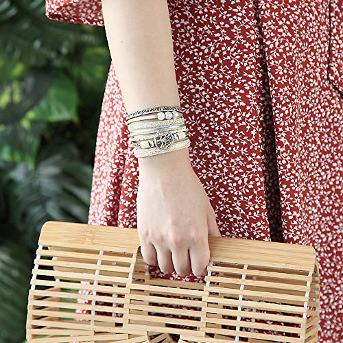 FANCY SHINY Tree of Life Leather Wrap Bracelet Inspirational Cuff Bangles Boho Pearl Bracelets with Clasp Unique Jewelry Gifts for Women(Beige)