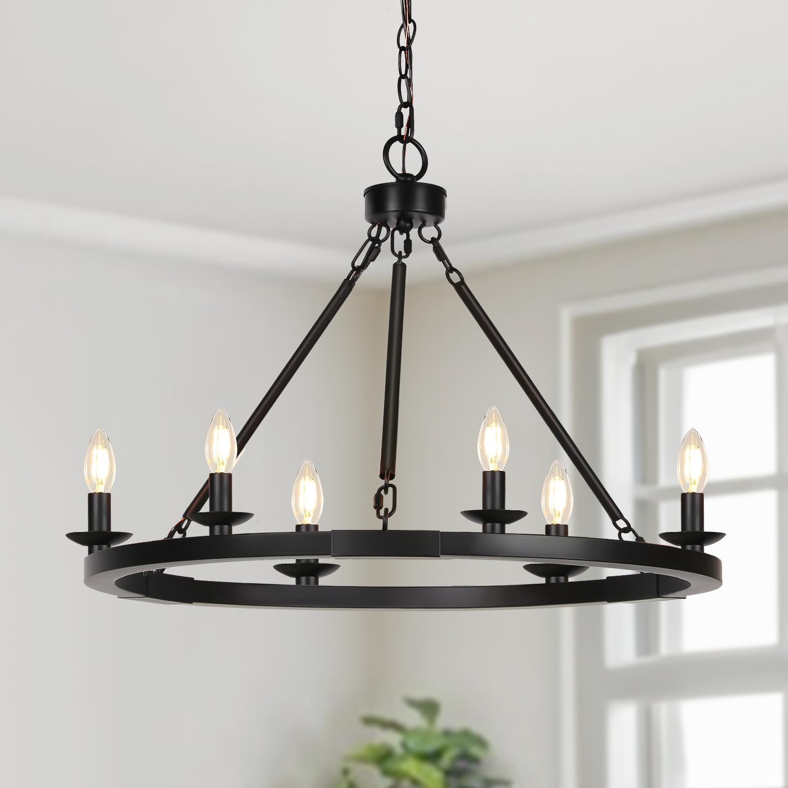 Black Farmhouse Chandelier, 6-Light Wagon Wheel Chandelier with Adjustable Height, Dining Room Light Fixture, Hanging Lights for Kitchen Island, Living Room, Bedroom, Entryway, E12 Base