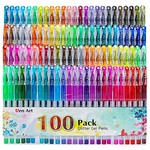 Glitter Gel Pens with Case for Adult Coloring Books, 100 Color Glitter Pen Set 30% More Ink Neon Glitter Gel Marker for Journaling Crafting Doodling Drawing