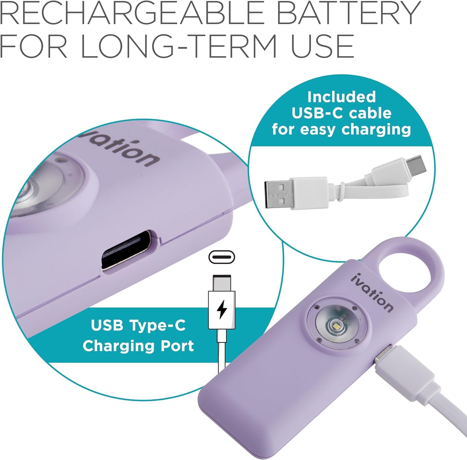 Ivation Personal Rechargeable SOS Alarm, Pocket Size Loud 130dB Sound Safety Siren & LED Panic Strobe Light with Carabiner Keychain Clip for Women, Children & Seniors, Lavender