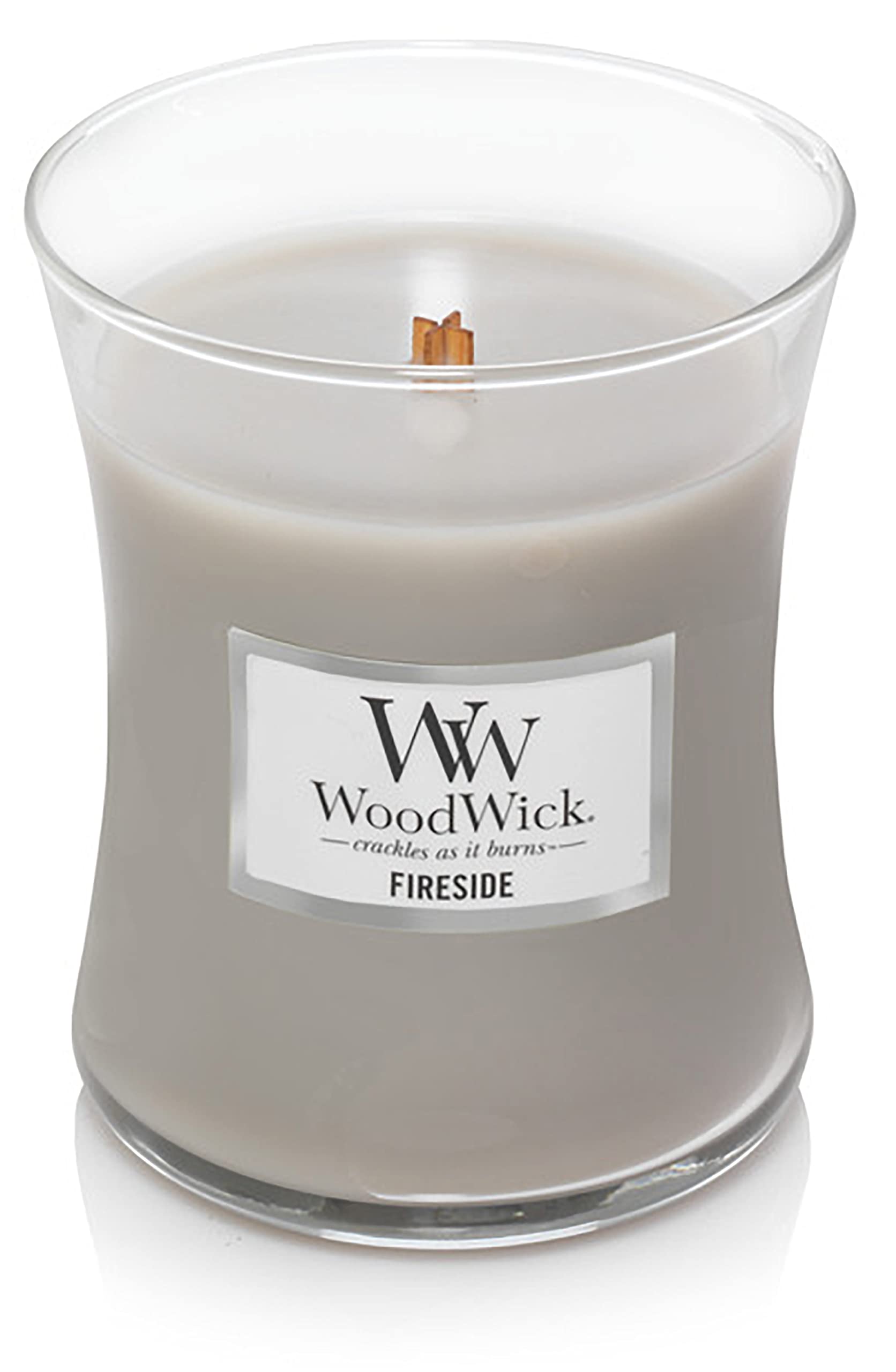 WoodWick Medium Hourglass Candle, Fireside Scent, Premium Soy Blend Wax, Pluswick Innovation Wood Wick, 10oz, Perfect for creating a cozy ambiance