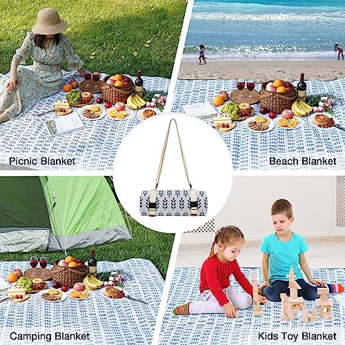 WILLOW WEAVE Picnic Blankets Washable | Beach Mat Sand Free Waterproof | Camping Blankets | Emergency Blankets | Picnic Baskets Accessories with Waterproof Backing and Shoulder Strap - BlueLeaf