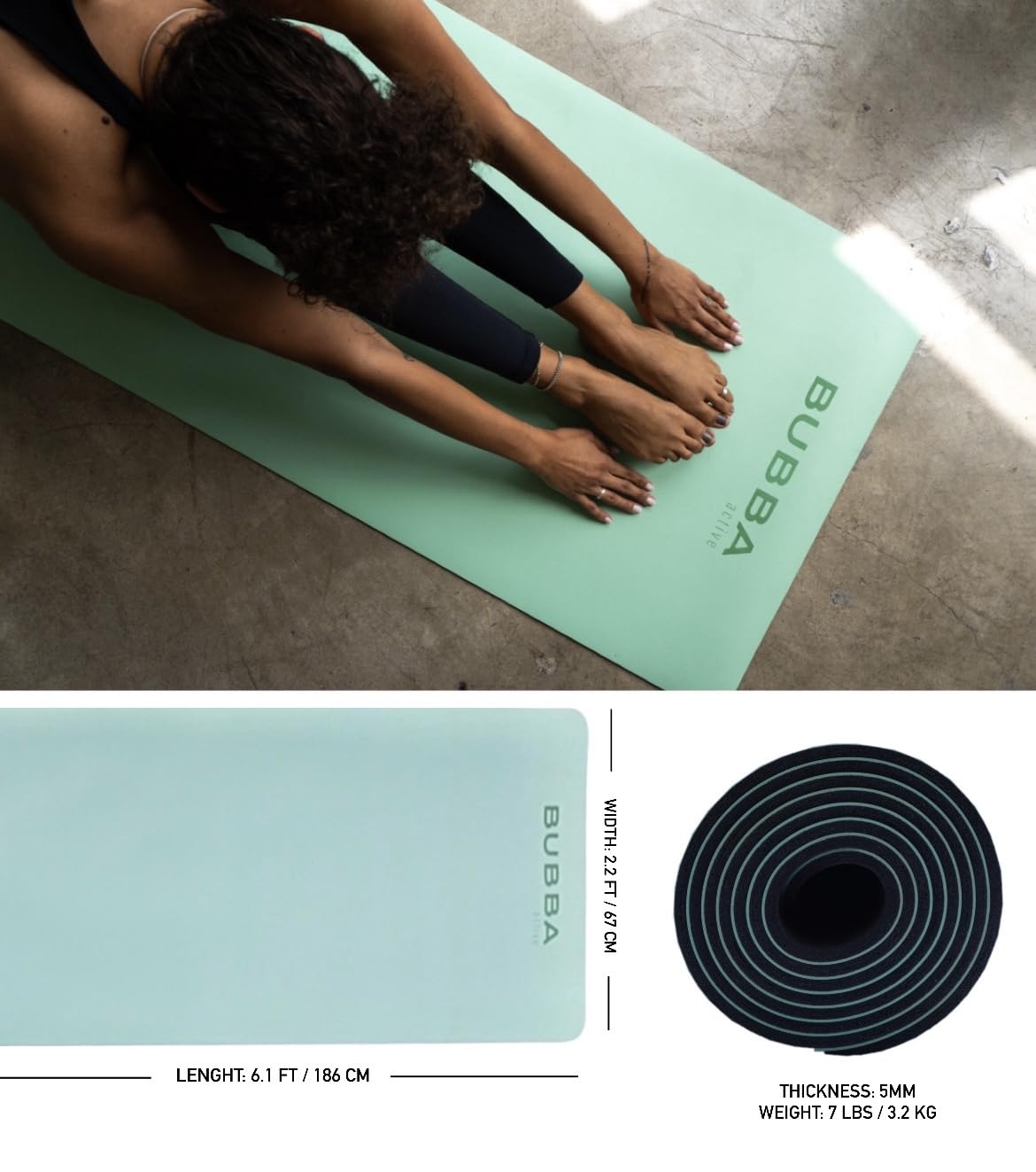 Bubba Active - Yoga Mat - Premium - Non-slip - Perfect Exercise Mat for Pilates, Yoga, Hot Yoga, and Floor Workouts - Eco-friendly – Odorless (Mint)