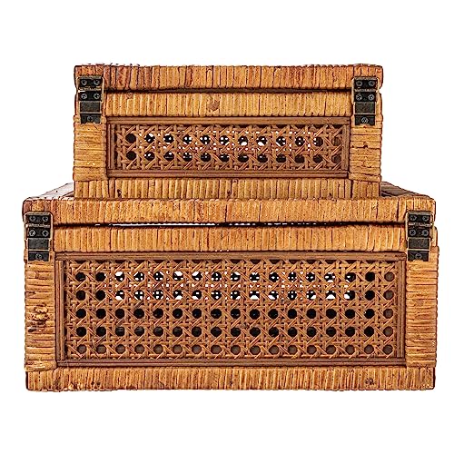 Creative Co-Op Modern Decorative Rectangle Woven Rattan and Wood Display Boxes with Glass Top, Set of 2 Sizes, Dark Brown Finish, Rectangular