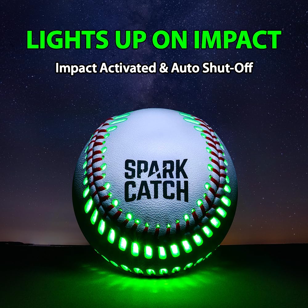 SPARK CATCH Light Up Baseball, Glow in The Dark Baseball, Sports Gear Accessories Gifts for Boys 8 9 10 11 12 13 14 15 Years Old, Kids Teens All Ages Gift Ideas (Impact-Activated version) (Neon Green)