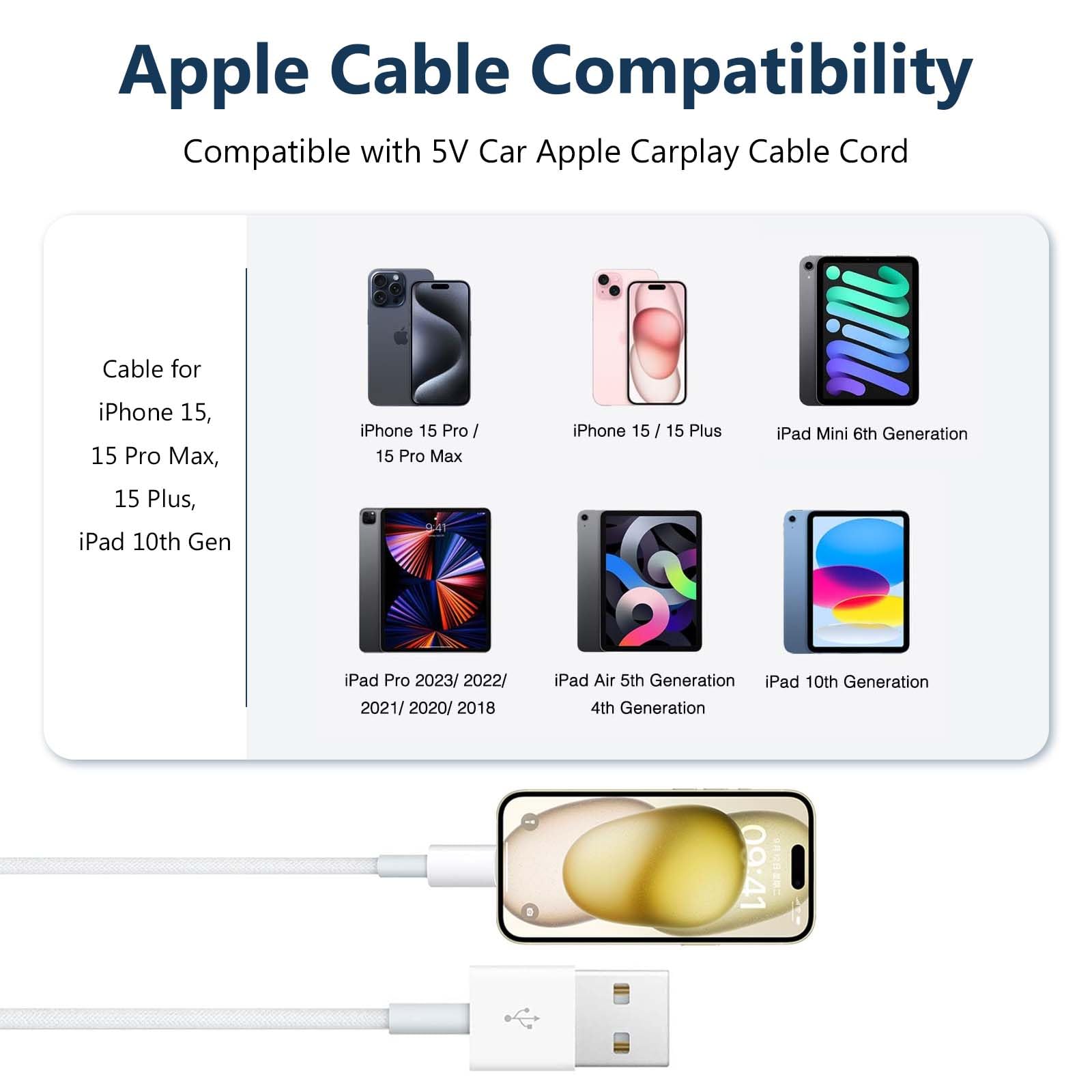 FTUINL Woven Car Carplay Cable for iPhone 16 15 USB A to USB Type C Charging Cable iPhone 16 15 Plus/Pro/Pro Max, New Airpod 4 4th, AirPod Max 2024 Pro 2 2nd Earbuds Charger 3ft