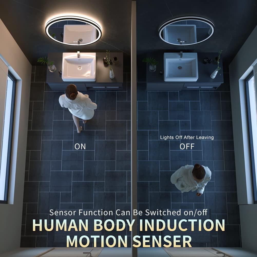 GANPE LED Sensor Mirror, Round Human Body Induction, Black Framed Vanity Mirror, Illuminated Dimmable Anti Fog IP44 Waterproof Wall Mounted Mirror (32" L x 32" W)