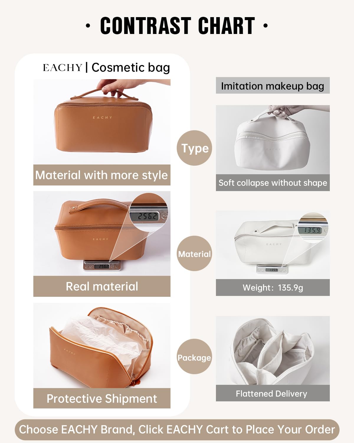 EACHY Travel Makeup Bag,Large Capacity Cosmetic Bags for Women,Waterproof Portable Pouch Open Flat Toiletry Bag Make up Bag with Divider and Handle (Brown, Medium)