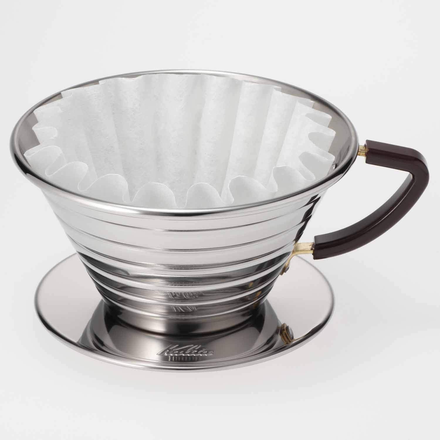 Kalita Stainless Steel Pour Dripper 16-26oz Single One Cup Patented Wave Design, Portable Coffee Maker, Made in Japan, Larger Size (185), Polished Stainless