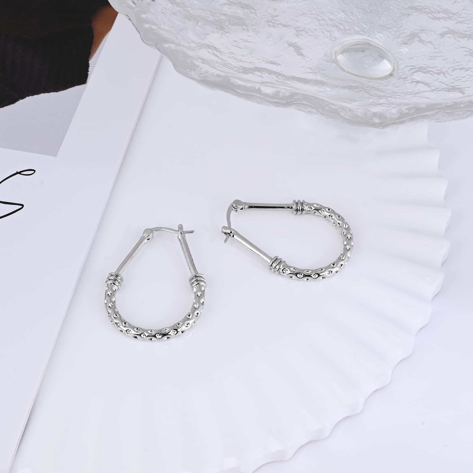 Oval Hoop Earrings S925 Sterling Silver Earrings Two-Tone Diamond-Cut Texture Italian Jewelry for Women Classic Hammer Silver Hoop Earrings for Women