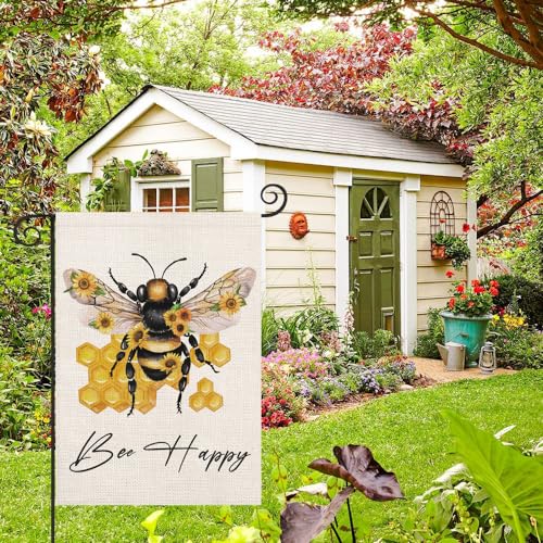 Smilyard Hello Summer Bee Garden Flag 12x18 Inch Vertical Double Sided for Outside, Small Burlap Yellow Bumble Bee Nest Honeycomb Farmhouse Holiday Yard Flag Outdoor Decoration