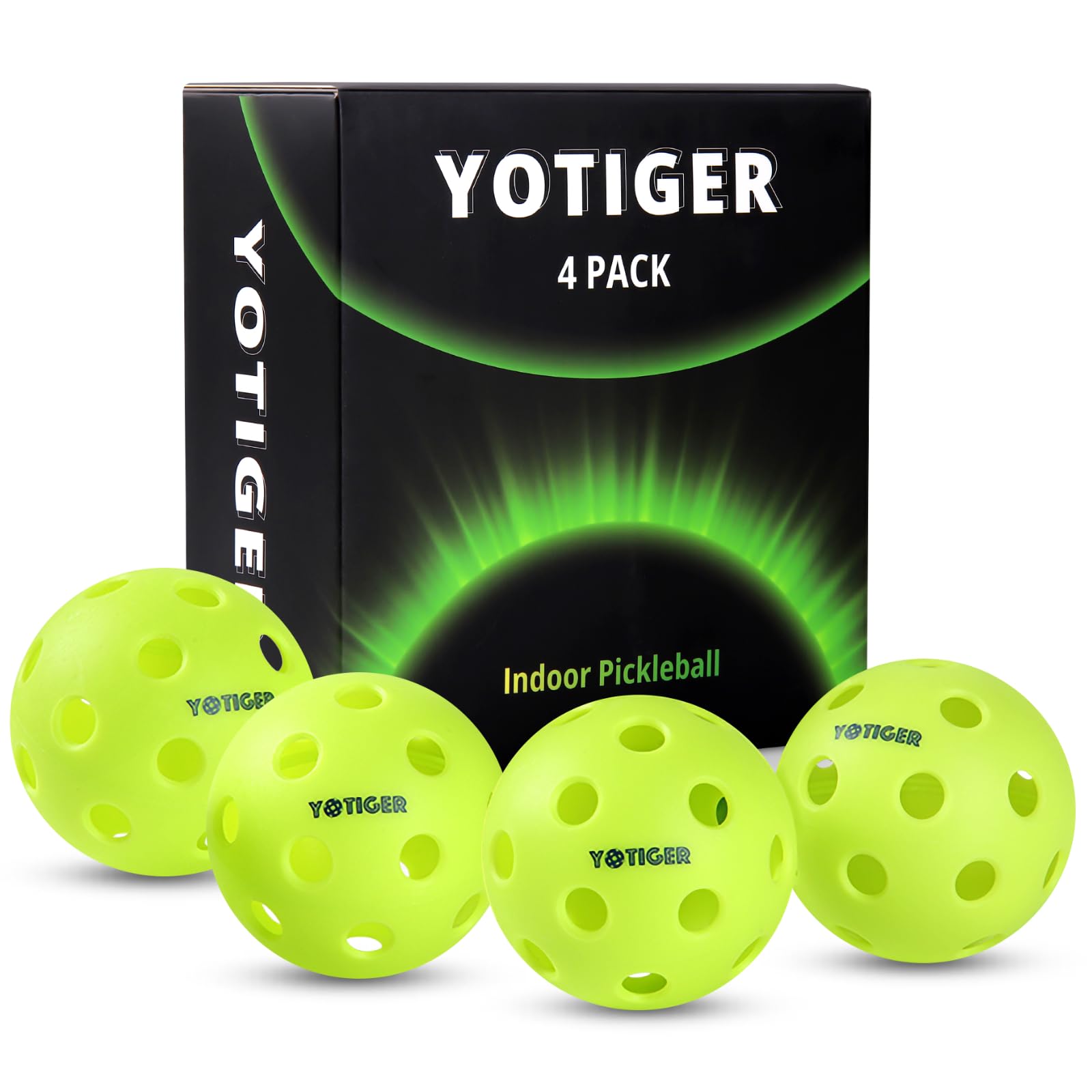 YOTIGER Indoor Pickleball Balls 4-Pack, 26 Holes High Bounce Durable Green Pickle Balls, Perfectly Balanced Pickleball Ball for All Style Pickleball Paddles & All Skill Levels