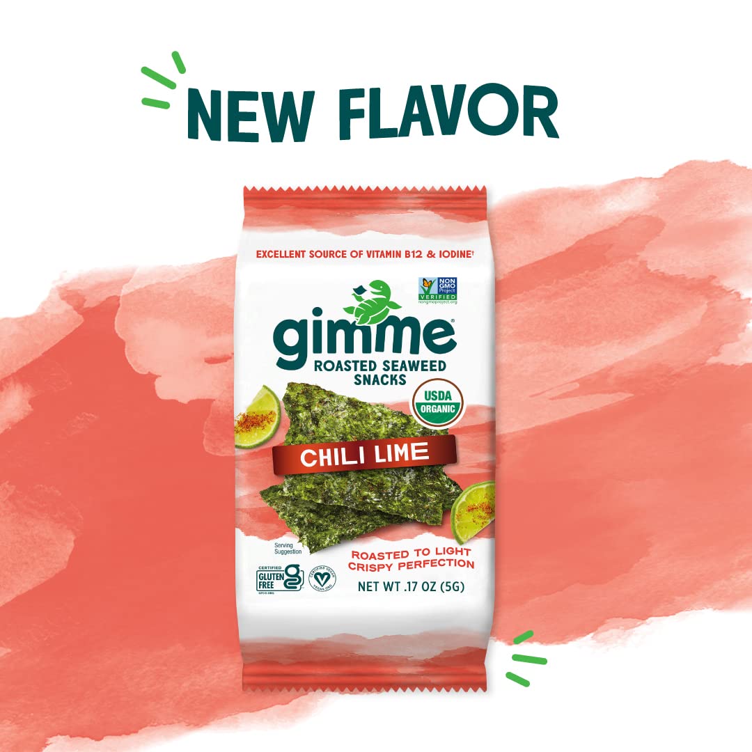 Gimme Seaweed - Chili Lime - 6 Count - Organic Roasted Seaweed Sheets - Keto, Vegan, Gluten Free - Great Source of Iodine & Omega 3’s - Healthy On-The-Go Snack for Kids & Adults