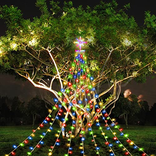 Christmas Decorations Star String Lights, 320 LEDs Outdoor Waterfall Tree Lights with 13" Topper Star, Plug in Waterproof Hanging Fairy Lights for Xmas New Year Holiday Party Yard Patio Decor (Blue)