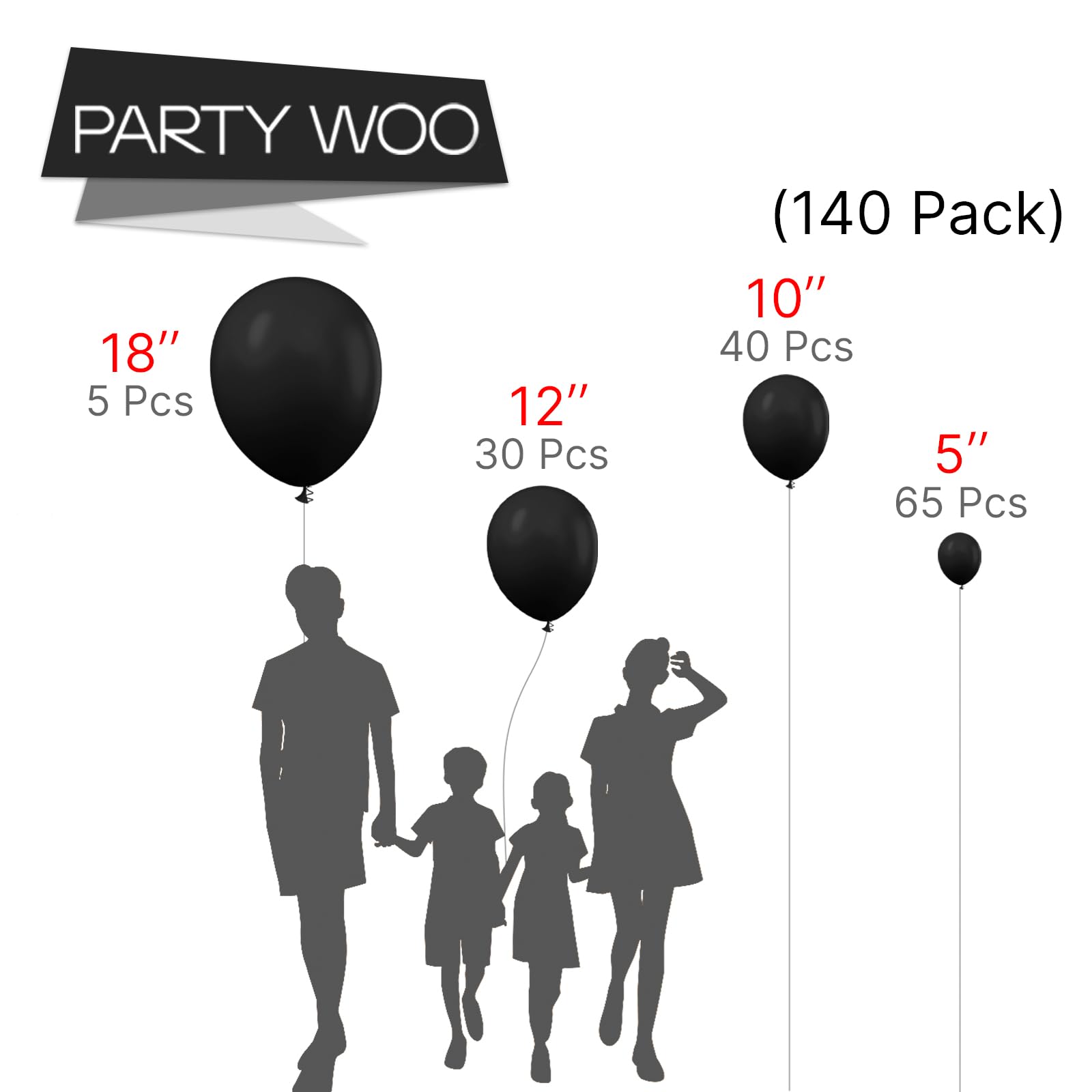 PartyWoo Black Balloons 140 pcs Different Sizes Pack of 18 12 10 5 Inch Matte Black Latex Balloon Arch Kit Garland for Graduation Halloween New Year Anniversary Birthday Party Decorations Black-Y18