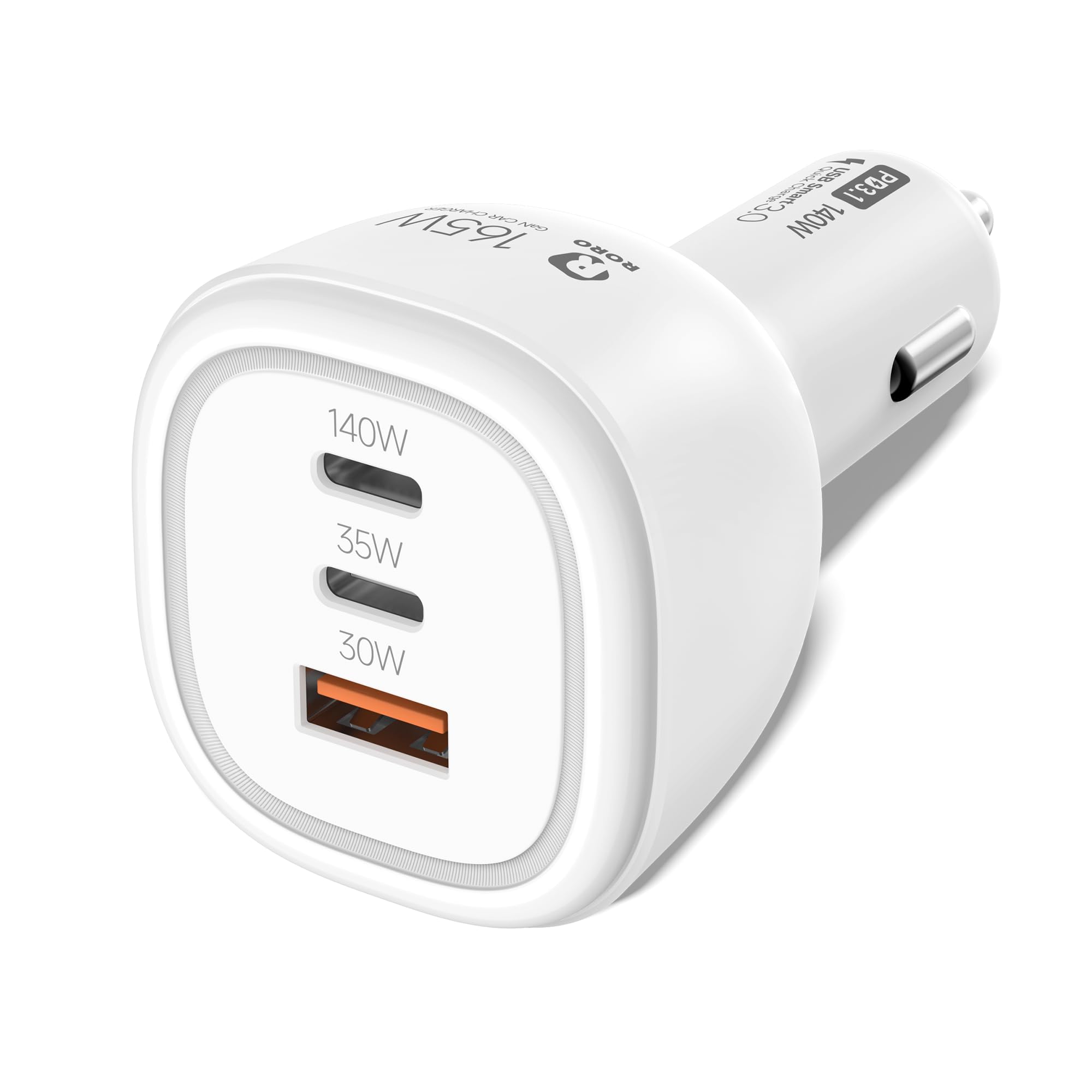 R RORO® 165W USB C Car Charger 3 Ports (140 Watts PD3.1 PPS QC5 12V / 24V) Type C Super Fast Charging GaN Charger Adapter, White Light, for iPhone 15 14 13 12 iPad MacBook Pro Laptop Thunderbolt USB-C