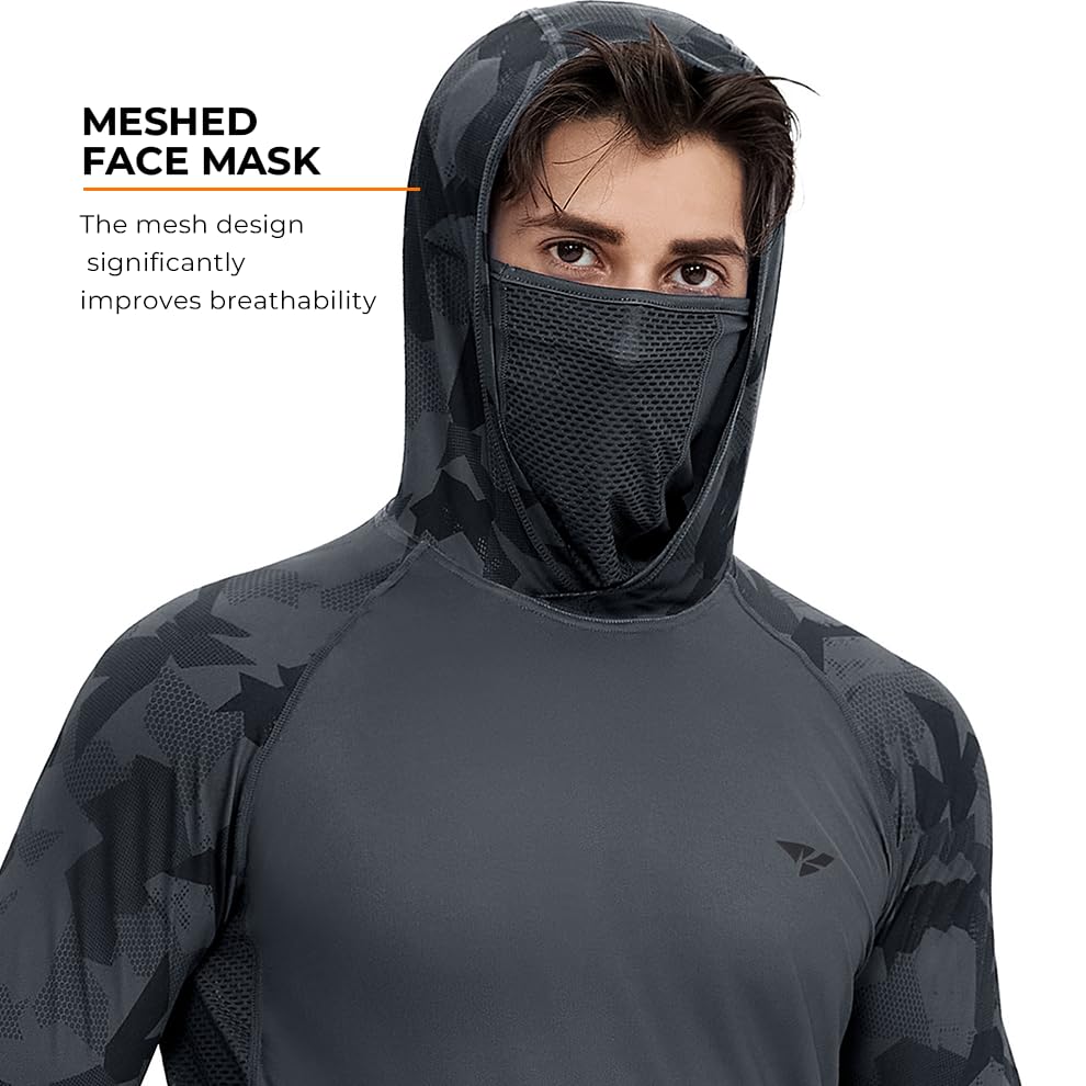 Rodeel UPF 50+ Men’s Long Sleeve Performance Fishing Hiking Shirt with Mask UV Neck Gaiter Hoodie