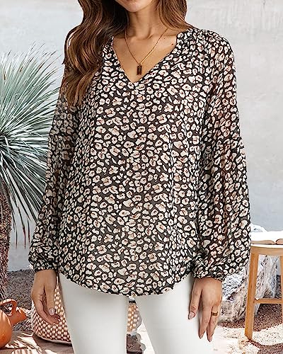 BTFBM Women Casual Boho Blouse Fashion Floral Shirts V Neck Long Puff Sleeve Lightweight Chiffon Summer Fall Tops 2024(Print Orange, Small)