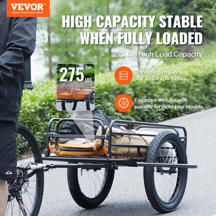 VEVOR Bike Cargo Trailer, 275 lbs Load Capacity, Heavy-Duty Bicycle Wagon Cart, Foldable Compact Storage & Quick Release with Universal Hitch, 20" Wheels, Fits Most Bike Wheels, Carbon Steel Frame