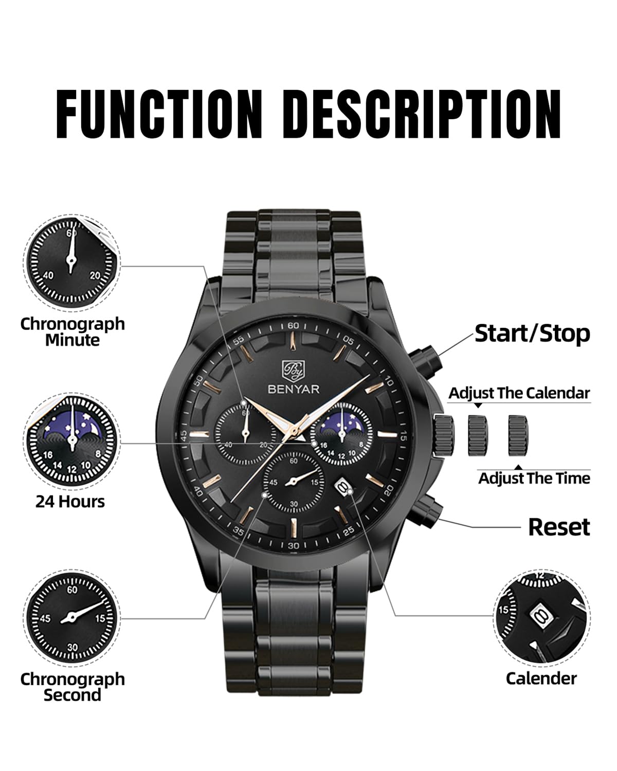 BY BENYAR Watches for Men Analog Watch Mens Watches Waterproof Watch Black Watches Quartz Chronograph Date Men's Wrist Watches Stainless Steel Casual Luxury Gifts for Men Unique Mens Dress Watch