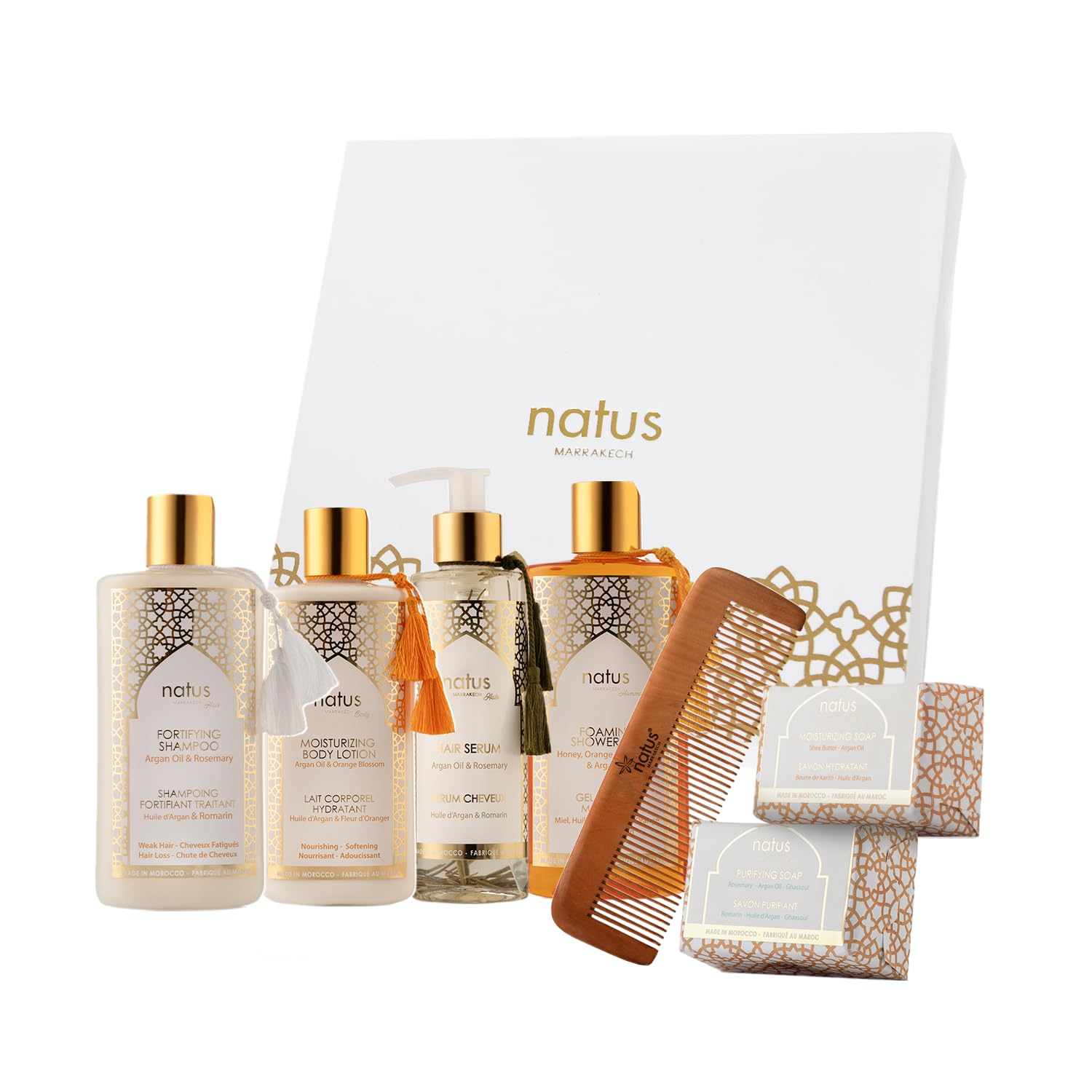 NATUS MARRAKECH - Women's Argan Oil Beauty Set - Shampoo, Shower Gel, Hair Serum, Body Lotion & Wooden Comb - Nourishing & Energizing Routine - All Hair/Skin Types - Vegan, Cruelty-Free…