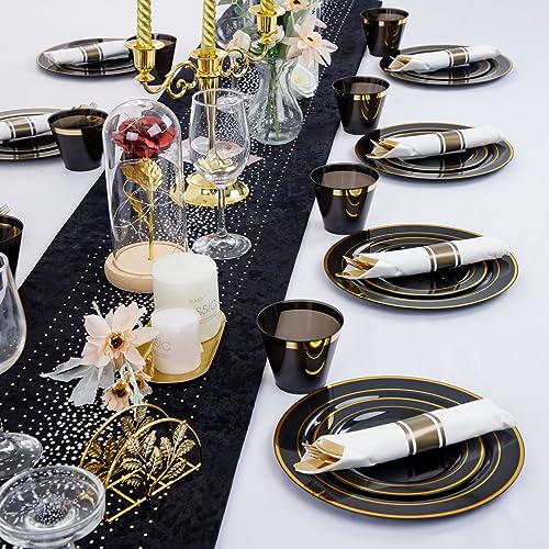 WDF Partyware 350 Pieces Black and Gold Plastic Plates with Disposable Silverware, Include 50 Dinner Plates 9”, 50 Dessert Plates 6.3”, 50 Gold Rim Black Cups 9 OZ, 50 Pre Rolled Napkins Packed in