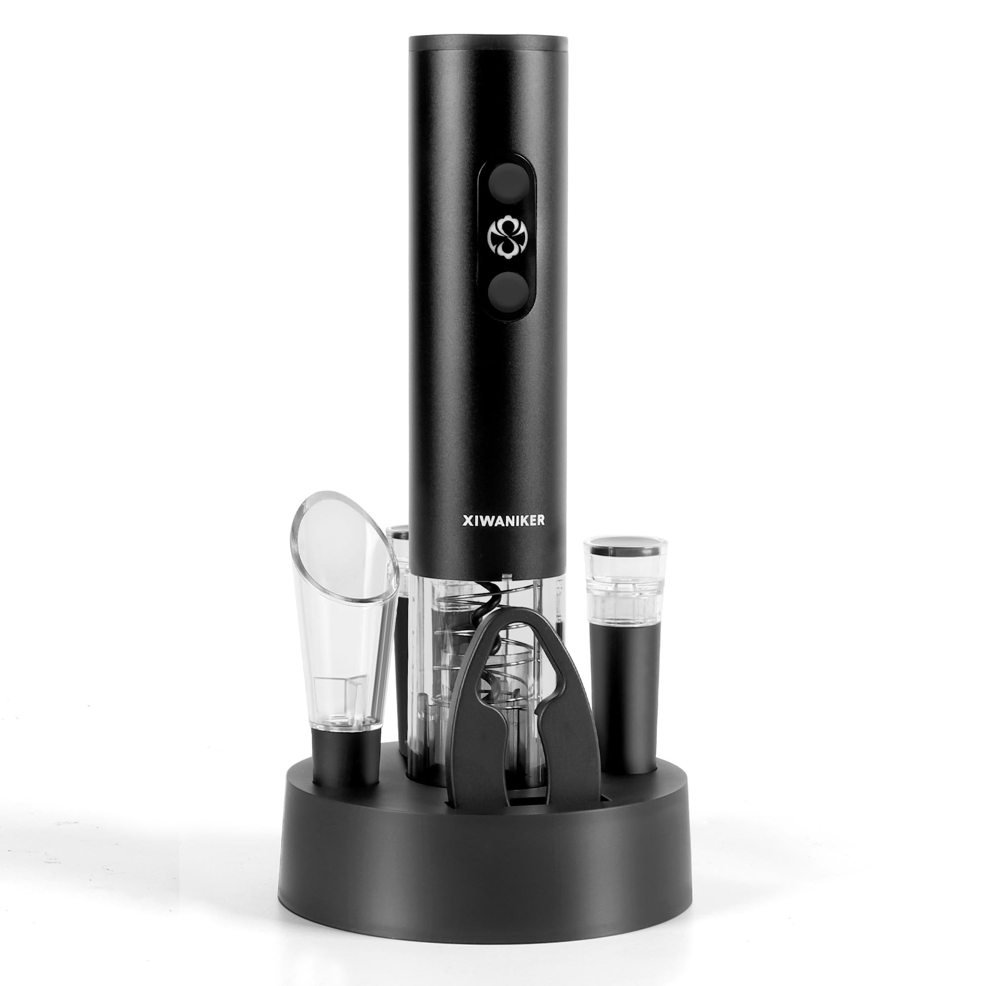 XIWANIKER Electric Wine Opener Set, Cordless Battery Operated Corkscrew, Storage Base, Foil Cutter, Pourer, 2pcs Vacuum Stoppers