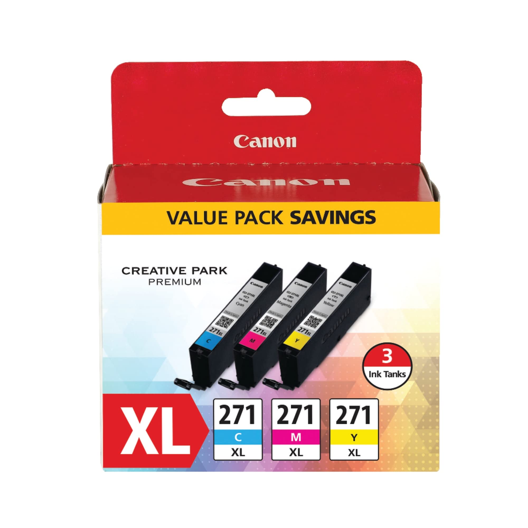 Canon CLI-271XL High-Yield Cyan/Magenta/Yellow Ink Tanks (0337C005), Pack Of 3