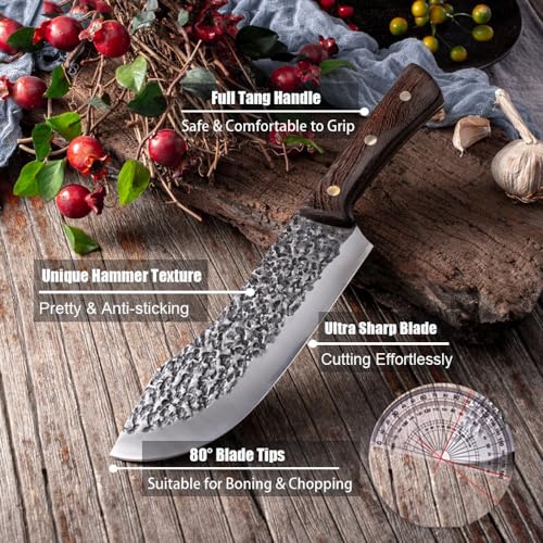 ROCOCO Butcher Knife for Meat Cutting Hand Forged 7" Sharp Full Tang Kitchen Meat Cleaver Cooking Knives for Home Outdoor Camping BBQ Christmas Father's Day Gift Idea Men