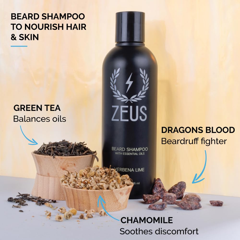 ZEUS Beard Wash & Beard Conditioner Set with Green Tea for Men, Soften, Hydrates & Moisturizes - MADE IN USA (Verbena Lime)