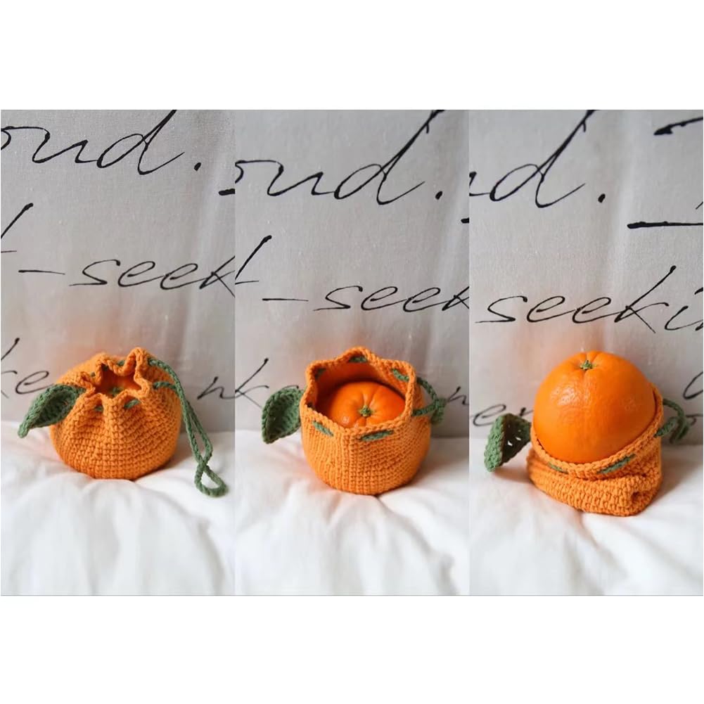 Cute Tangerine Shaped Small Storage Bag, Crochet Drawstring Bags, Mini Handwoven Cotton Handbag, Coin Purse Pouch, Orange Knitting Change Wallet, Earbuds Protective Case, Handmade Gift for Women Girls