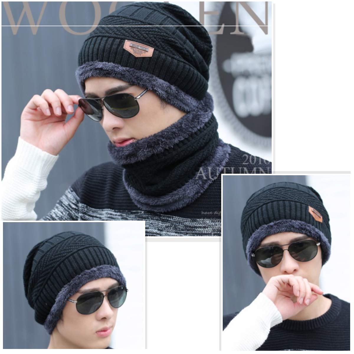 3 Pieces Winter Beanie Hat Scarf Set and Touch Screen Gloves Warm Thick Knit Fleece Lined Skull Cap Gifts for Men Women