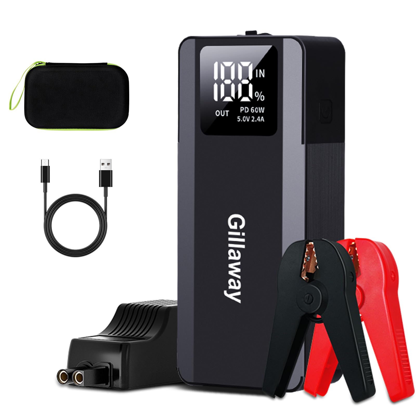 Gillaway 017 6000A Car Battery Jump Starter(for All Gas or up to 12L Diesel), Jump Starter Battery Pack up to 100 Jump Starts, Full-Screen Display and LED Light, QC3.0, Type-C, PD60W Fast Charging