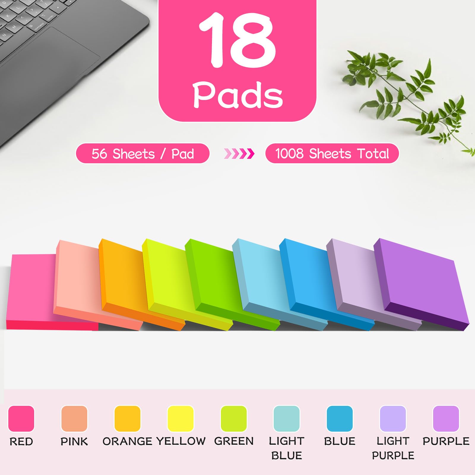 (18 Pack) Sticky Notes 3x3, Self-Stick Pads Bright Colors Sticky Note, Recyclable, Easy to Post for Home, Office, Notebook