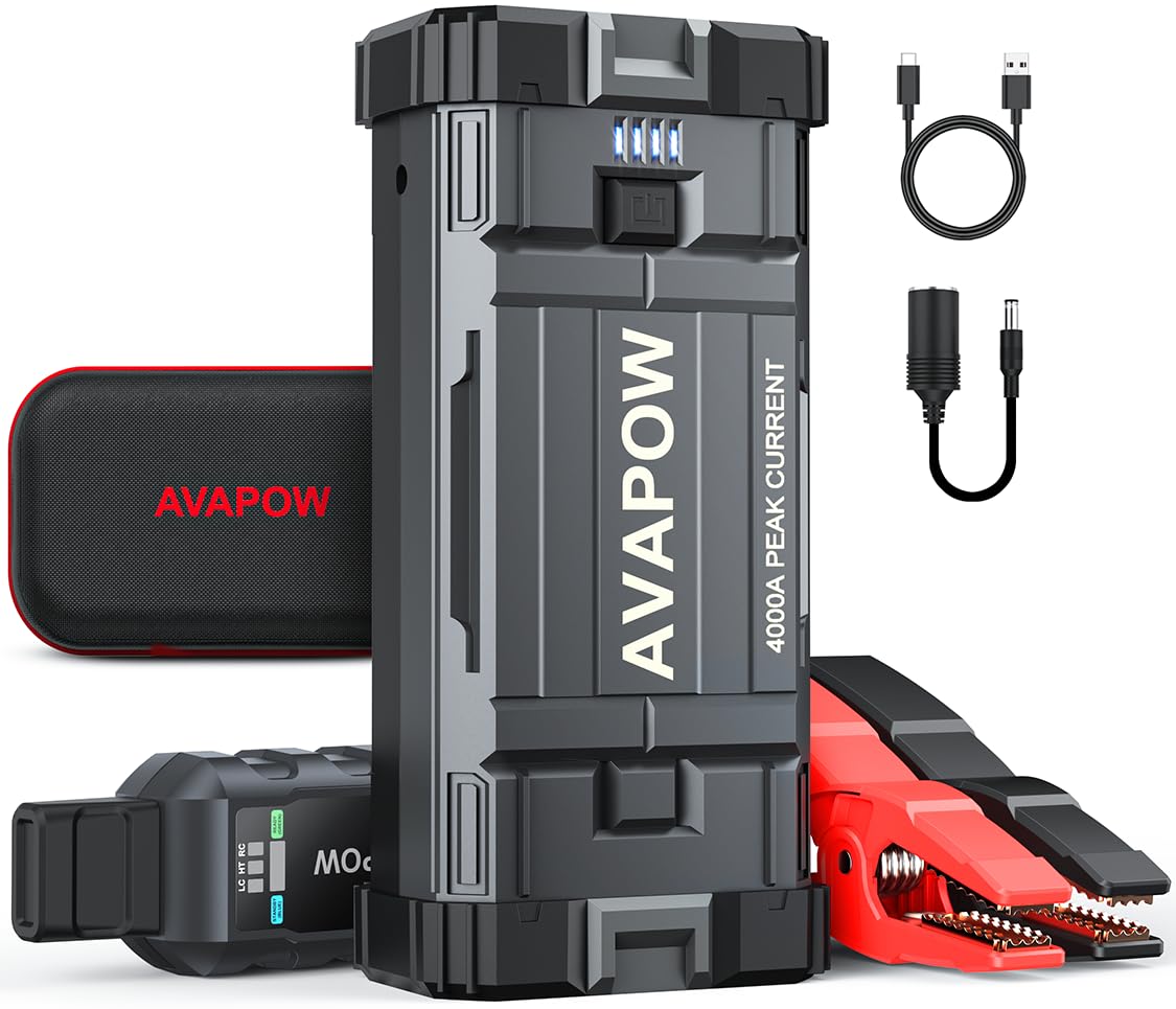 AVAPOW Car Jump Starter, 4000A Peak Battery (for All Gas or Up to 10L Diesel), Portable Booster Power Pack, 12V Auto Jump Box with LED Light, USB Quick Charge 3.0